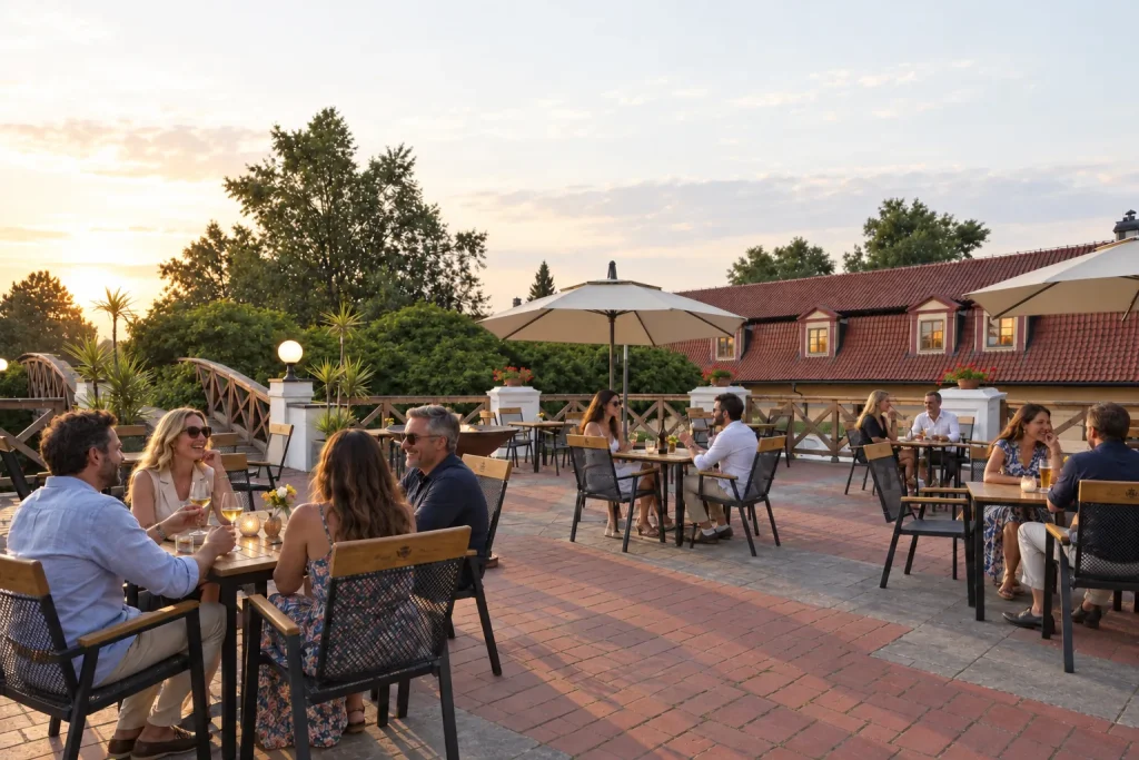 Dvůr Pecínov – Guests relaxing on the terrace in the evening