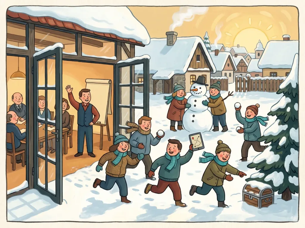 Illustration in the style of Czech folk winter painting: a snowy hotel with a lit conference room where a team competes in a quiz, and outside in the snow a second team with a tablet among snowmen, a treasure chest under a spruce tree, and a snowball fight.